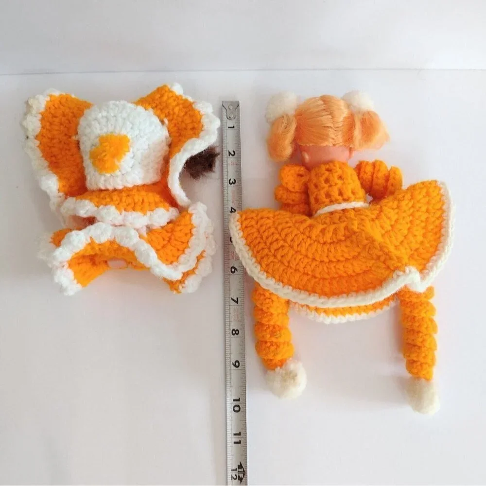 Vintage Mid Century Set Of Bed Pillow Sitter Dolls Orange Crocheted Dresses